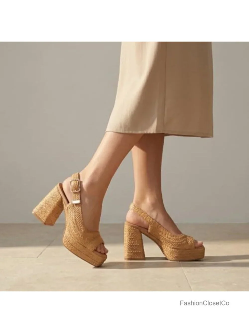 Chunky Block Heel Raffia Platform Sandals, Open Toe Slingback with Adjustable
